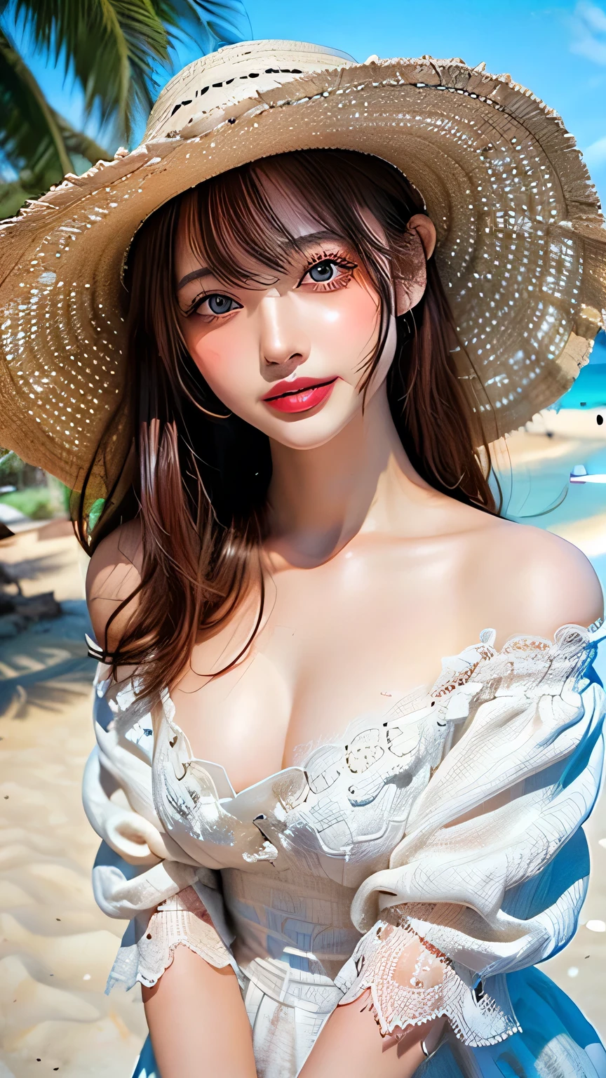 happy,burst smile,((Highest quality)),(超A high resolution),(Very detailed),(Detailed Description),((The best CG)),(masterpiece),Very detailed art、Very beautiful and beautiful woman、front facing, Small breasts、(((Whitening 1.5)))、Clear skin quality、(((Whitening 1.5)))White lace dress、Off the shoulder、Small straw hat、Sandy Beach、Ocean、