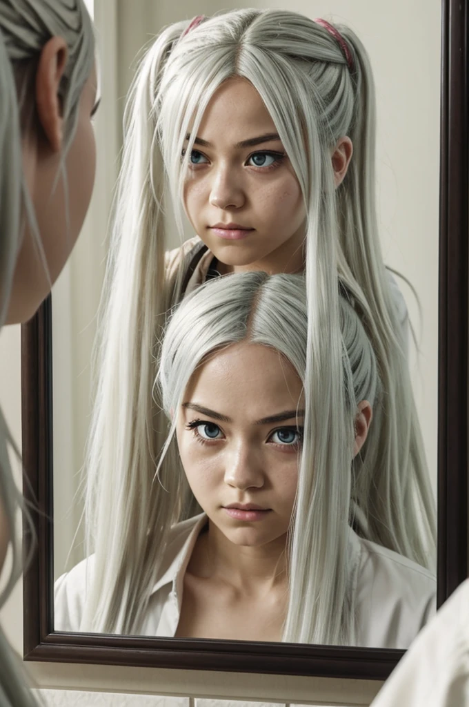 Boku no hero academia capture.
Girl with long white hair tied up and half messy looking in the mirror with a tired expression.