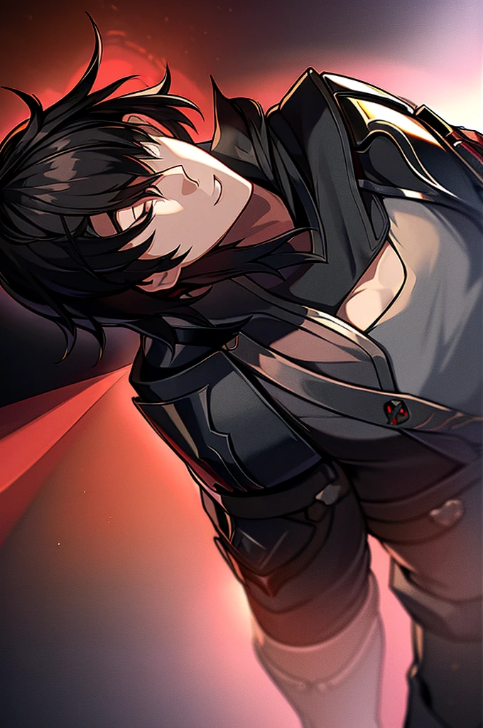 Man with black hair, dark eyes and black armor with red details with a black rose. With the face of a handsome man (detailed in Full HD 4K) 