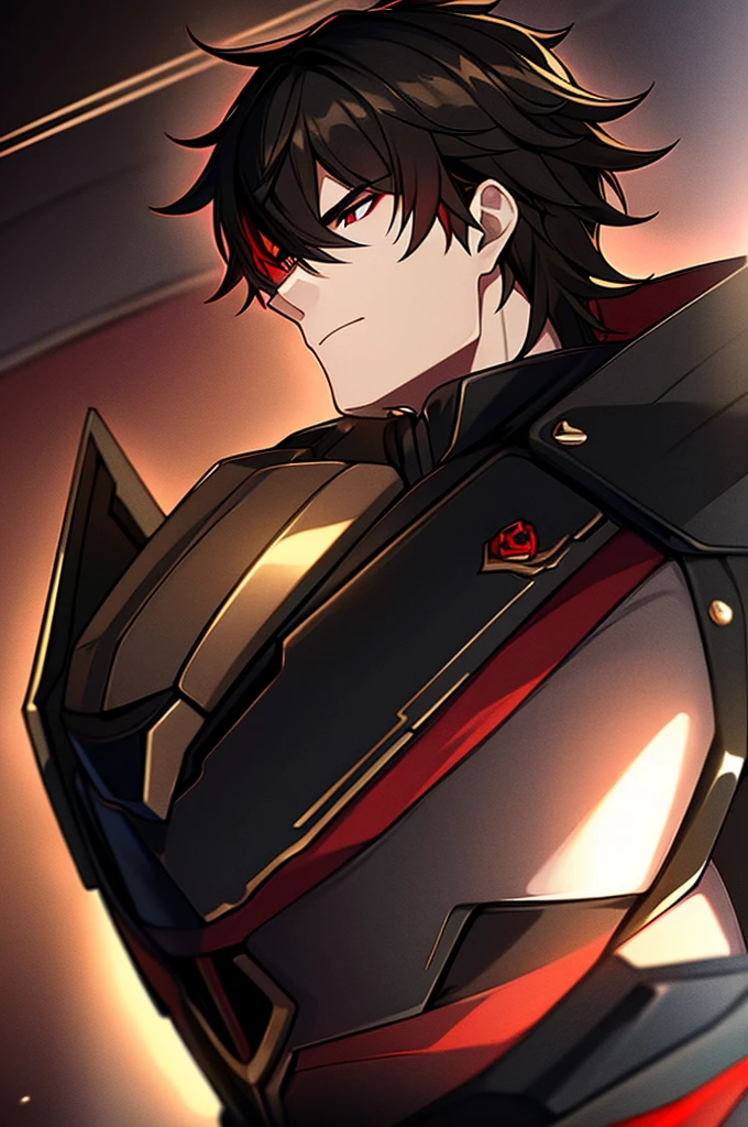 Man with black hair, dark eyes and black armor with red details with a black rose. With the face of a handsome man (detailed in Full HD 4K) 