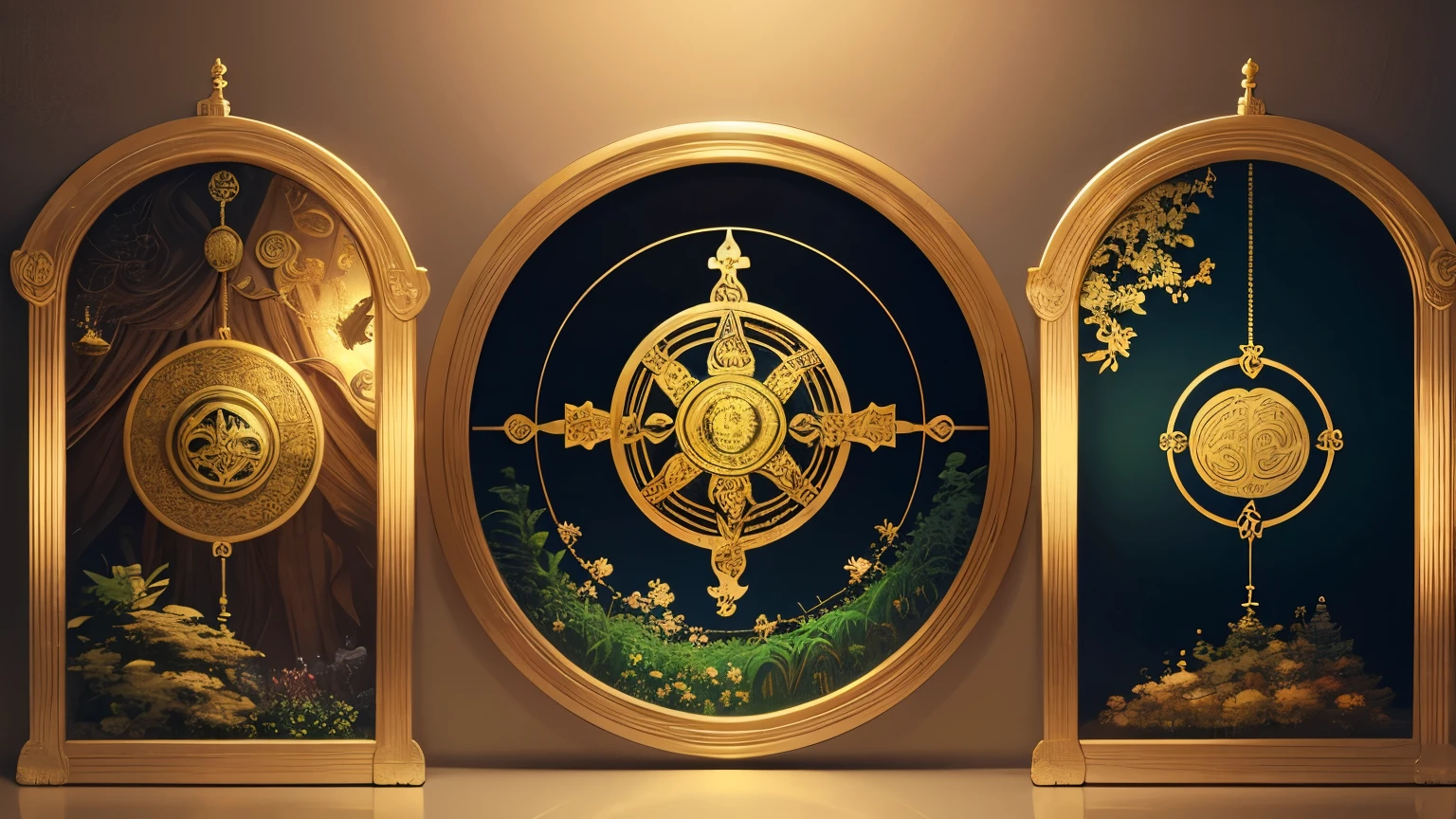 Triptych artwork: Buddhist wheel of life, Christian heaven with pearly gates, Islamic Jannah paradise garden, ethereal atmosphere, religious symbolism, gold leaf accents"
Japanese: