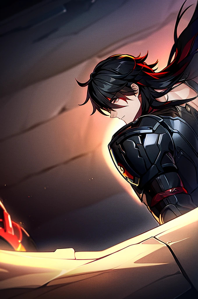 Man with black hair, dark eyes and black armor with red details with a black rose. With the face of a handsome man (detailed in Full HD 4K) 