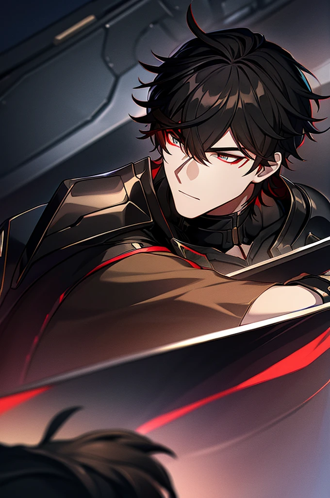 Man with black hair, dark eyes and black armor with red details with a black rose. With the face of a handsome man (detailed in Full HD 4K) 