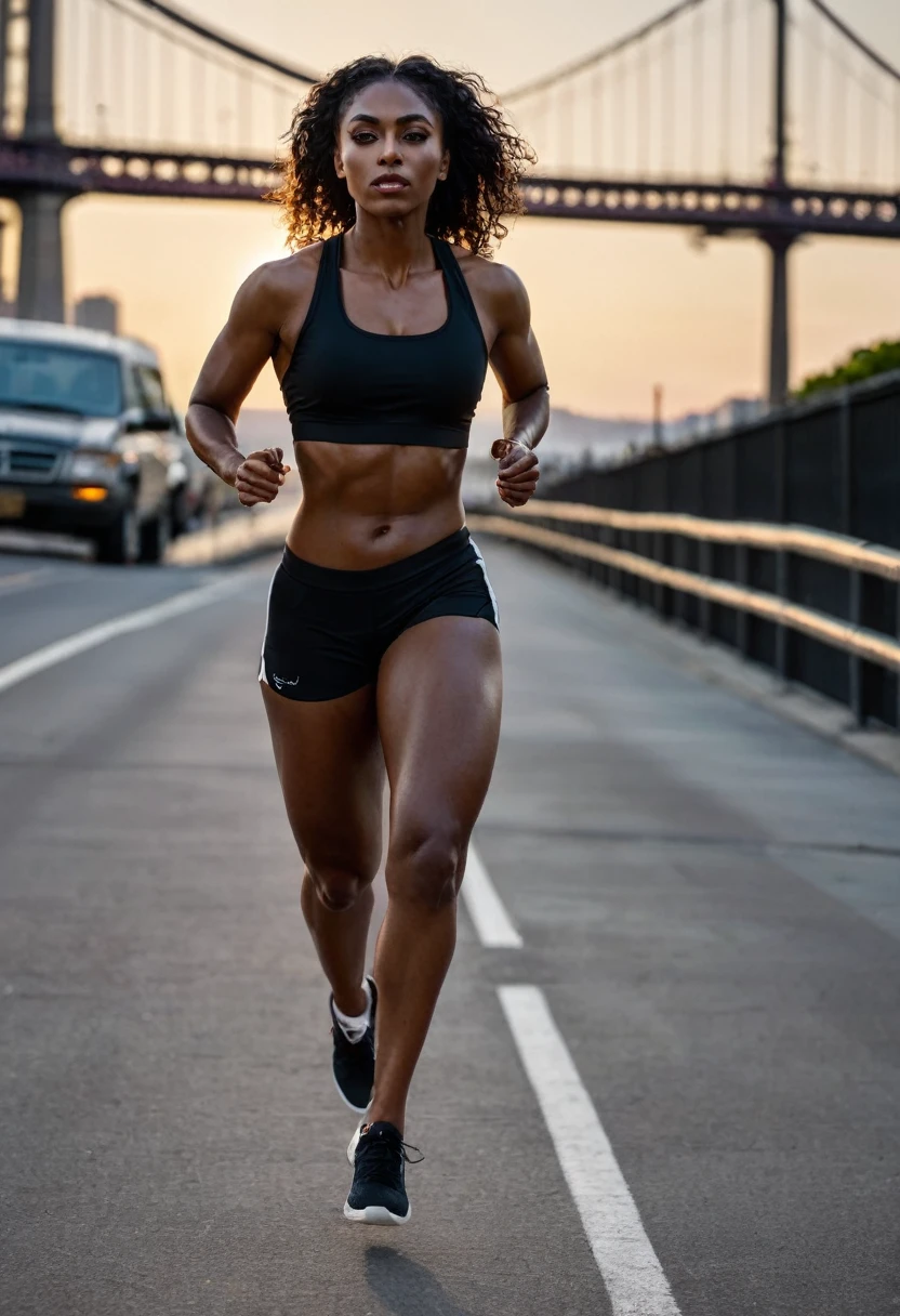 Arafed woman runs on the sidewalk near the bridge at sunset, The girl runs, The girl runs, Free sprinting, Matt Stewart, Golden Hour in Manhattan, sprinting, golden hour 8k, golden hour 8k, Hard morning light, athletic fashion photography, radiant morning light, stretch, Brad Holland, during golden hour, Richard Hess, Bernardino Maio. A woman in a black blouse. Portrait of an ATHLETE, fierce expression, sweat on the face, [realisitic], (strong lighting: 1,2), (racing scene: 1,1), (4k resolution. Black sports bra and shorts, com eyeballs atentos, Running posture, waist 1 hyper-realistic real photo, close frontal, with passion and anger, Mulher completamente Arafed com eyeballs verdes. Pose of a strong woman, musclegirl, determinate expression, fierce gaze, athletic build, confident pose, linda jovem negra de 25 anos com darkskin volumosa com reflexos castanhos, eyeballs verdes, lindos eyeballs verdes, eyeballs verdes realistas, detailed. eyeballs, ultra-realistic, symmetrical, hyper-realistic (eyeliner, long and perfect eyelashes, the nose is small and proportional to the face and the soft contour of the face that accentuates the high cheekbones, Attractive and irresistible mouth). defined lips, fleshy lips, voluminous lips, seductive lips, captivating black lipstick, memorable, unforgettable and enigmatic. the face is oval, with high cheekbones and a well-defined chin, a beautiful, detailed face. black lipstick, gothic makeup. skin tone: brunette skin, healthy and evenly glowing, with dark skin, darkskin, garota sexy with dark skin, detailed skin texture, Beautiful and glowing skin, details Intricate, unsmooth skin, healthy and radiant appearance. hourglass-body, voluptuous body, Slender Woman, Breasts huge, well toned belly, Waist slender, Broad Hips, big hips, huge butt, thick-thighs, Long, shapely legs. 50mm Lens, f/2.8, hdr, foto RAW (8K), resolução de alta qualidade 8K uhd, dslr, 2k, 4K, 8K, 16K.