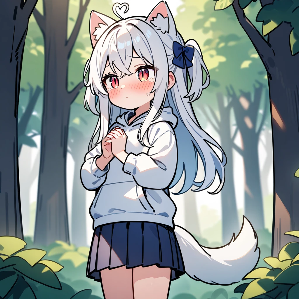 （masterpiece：1.2，high quality），8K，High resolution，A seven-year-old girl，cute girl，white hair，long hair，hair two side up，hair bow，crossed bangs，red eyes，slit pupils，heart ahoge，cat ears，full-face blush，expressionless eyes，tears，Wearing a white hoodie，Dark blue pleated skirt，Stand in the forest，There are flowering trees on both sides.，primary school student，thigh，alone，dog tail，（Put your hands in your pockets），（（Put your hands in your pockets））