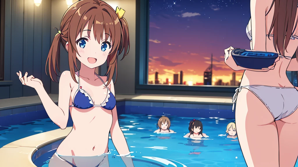 Masterpiece, Best Quality, extremely detailed, cheered up, girl,night pool,high waist bikini,SMILE,:d,action,(small breasts),ass focus