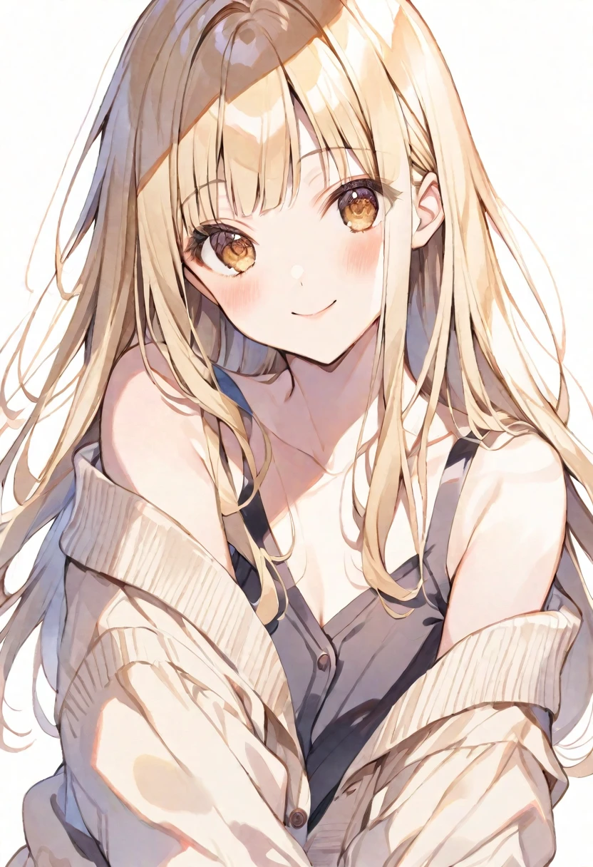 solo, handsome, Watercolor ,
1. Female,
Straight hair, long hair,blonde Hair,brown eyes&Soft look ,
nakano nino,18 years old,
Off the shoulder,cardigan,skin,smile,sexly,Good,
White background
