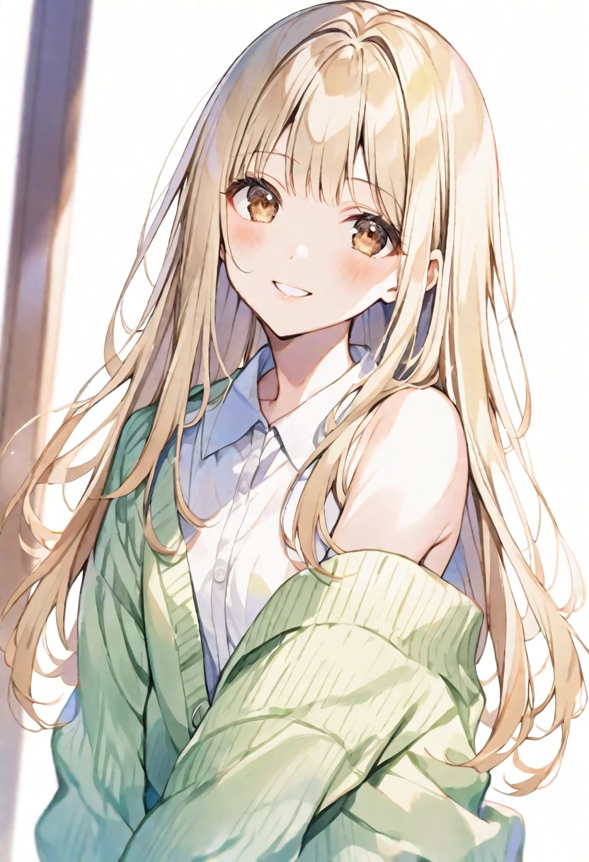 solo, handsome, Watercolor ,
1. Female, 
Straight hair, long hair,blonde Hair,brown eyes＆Soft look ,
nakano nino,18 years old,
Off the shoulder,cardigan,skin,smile,sexly,Good,
White background