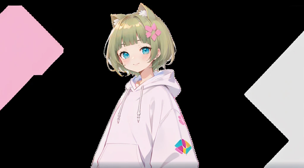 Pink hoodie、Flower Hair Ornaments、An unprecedented number of draws、Flower Hair Ornaments、Floral Hair Accessories、Blonde、Cat ear、Pink hoodie、high quality、Colorful color palette、high resolution、pretty girl、 Pink hoodie、An unprecedented number of draws、Anime Style、Geometric background、Sticker Style、short hair、Blonde、Turquoise Eyes, Messy Hair, Pink hoodie、髪と同じ色のCat ear、front, Hands posing, Until death, Bondage, Baggy clothes