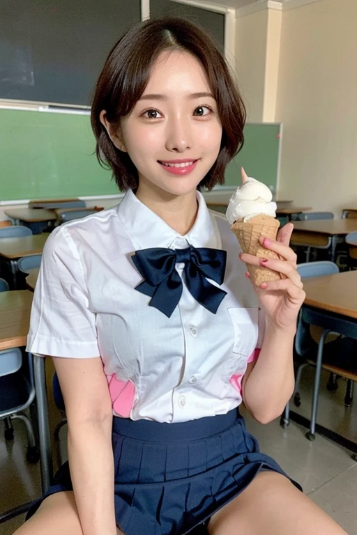 Tabletop, Highest quality, figure, Super detailed, In detail, High resolution, 8k wallpaper, Perfect dynamic composition, 1 beautiful girl, Beautiful attention to detail, (Look at the parfait), Girly blue blouse, short Hair, slender chest, Natural color lip, Random Pause, toothy smile, Open your mouth:1.2, 20-year-old girl, sit, One girl, alone, eat, Holding food, Realistic,(licking ice cream, ice cream cone:1.35)、(Beautiful Japanese Girls:1.3)、(School uniform,bow:1.35)、(Panty shot,cameltoe,droppy big eyes)、(high school),(Dark blue skirt,white mesh panty:1.3)、(sitting with spreading legs in the classroom:1.25)