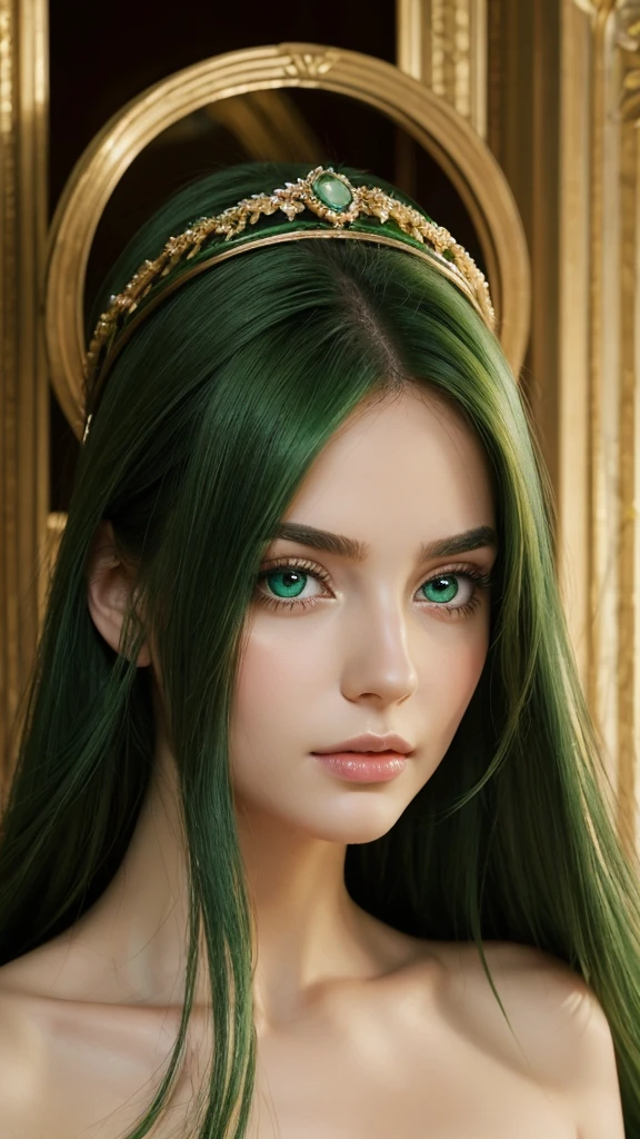 Greek goddess.  face sent feeling.  Europe.  Oval face.  long face.  delicate facial features.  sad eyes.  seductively seductive.  green eyes.  long straight hair.  green hair