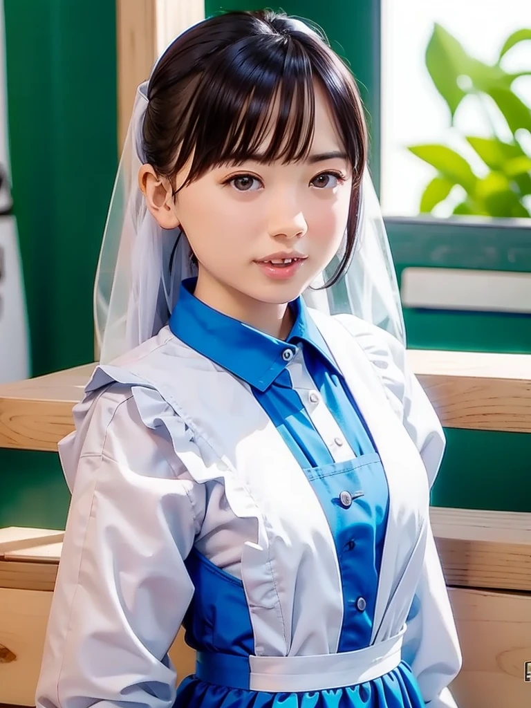 slender girl, (make up:1.1), (meido:1.2), small breasts, at school room, (upper body shot:1.1), cowboy shot
