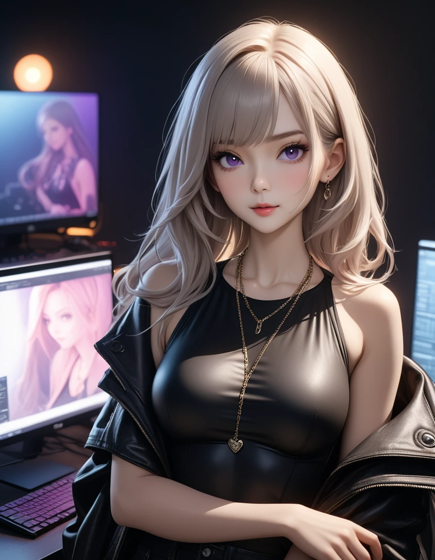 best quality, masterpiece, high resolution, A girl, platinum hair, purple eyes, fashion clothing, necklace, jewelry, Pretty Face, Perfect breasts, more than_Body, Tyndall effect, lifelike, Dark Studio, Side lighting, Two-color lighting, (HD Skin:1.2), 8k , Soft Light, high quality, Volumetric Lighting, frank, high resolution, 8k, Bokeh,hort depth of field, hacker female, computer
