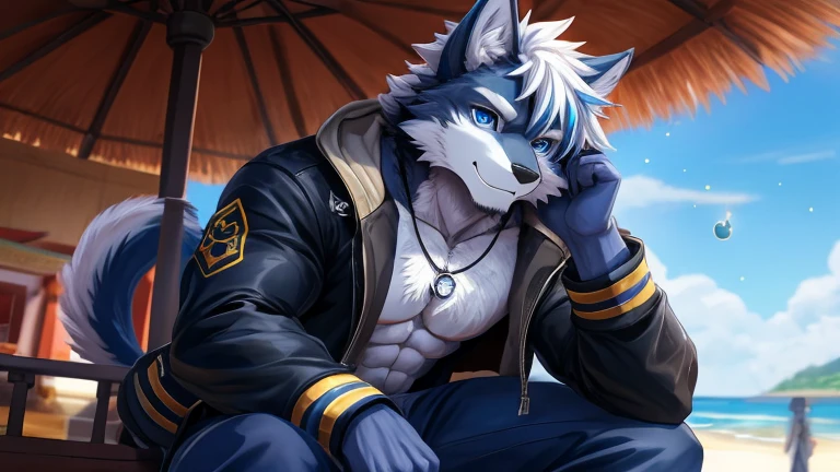 bynamic angle,depth of field, motion blur, absurdres,looking at viewer, (best quality), (masterpiece), (ultra detailed),(detailed eyes),sharp focus,manga,anthro male dark Blue Wolf,(muscular),Huge body chest , own pet kitty ,sky blue eyes,handsome jacket blue gray pants star pendant necklace sitting on the balcony beach white hairstyle