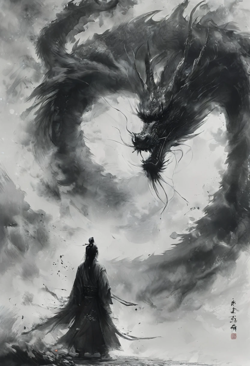 Anammo, Dragon, sharp 歯, eastern Dragon, monster, alone, horn, Male Focus, Monochrome, Robe,Size Differences, Open your mouth, nail, Spot colors、Xianglong、Ink Painting、Angry Dragon、Rising Dragon、fierce々Shii、獰fierceな、thunder、