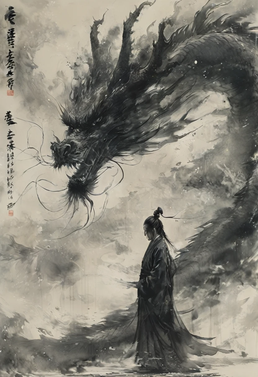Anammo, Dragon, sharp 歯, eastern Dragon, monster, alone, horn, Male Focus, Monochrome, Robe,Size Differences, Open your mouth, nail, Spot colors、Xianglong、Ink Painting、Angry Dragon、Rising Dragon、fierce々Shii、獰fierceな、thunder、