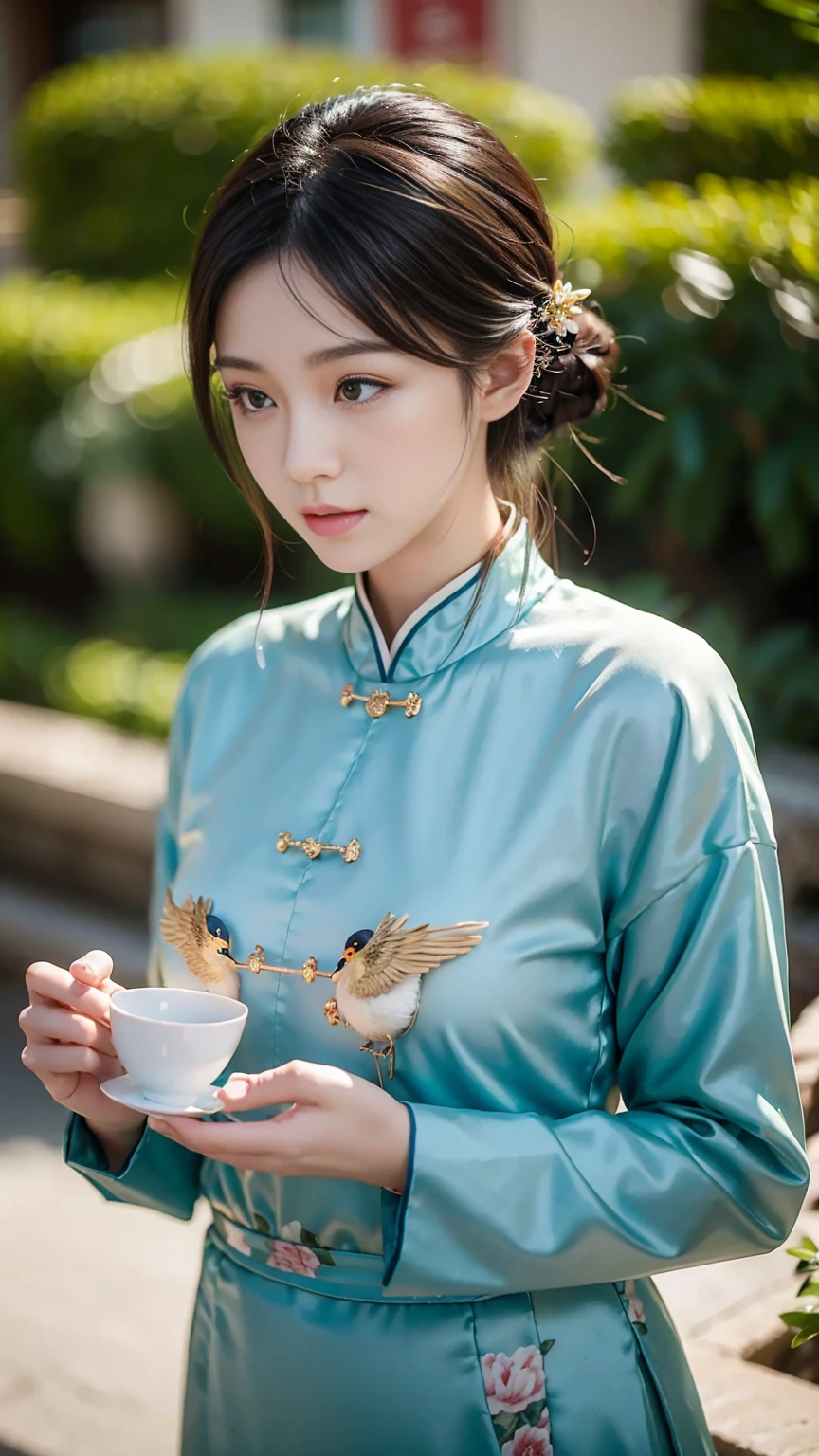 Top quality China,16K,masterpiece:1.3。A woman,Bird's-eye view photo,Beautiful,Female hormones,Feminine charm display,Tube Top,Suspender dress,full-body shot,Enchanting figure,Tyndall effect,In the lush jungle,Long legs,detail,Realistic Anime,Beautiful wallpaper