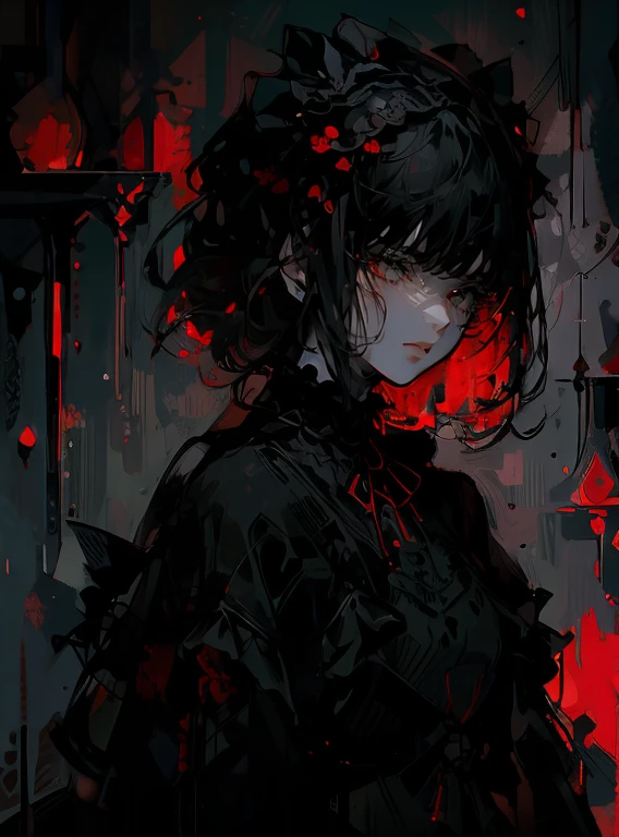 Girl, Gray lace dress, Brown eyes, Black hair, dark, sad, Very very detailed, Red flowers of death, lily, Red spider 