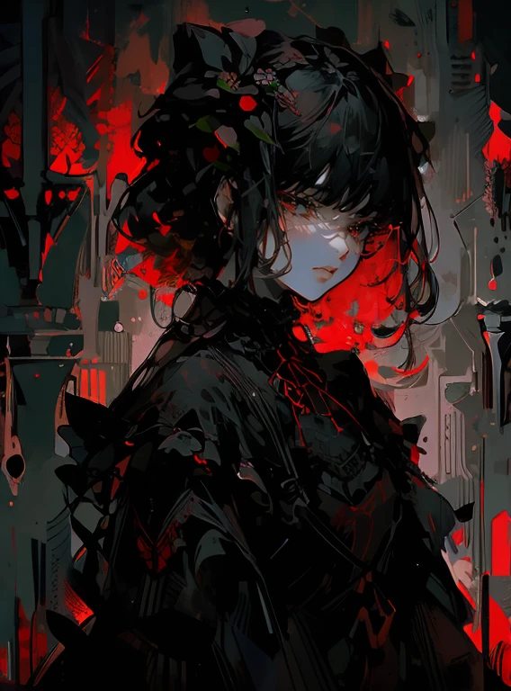 Girl, Gray lace dress, Brown eyes, Black hair, dark, sad, Very very detailed, Red flowers of death, lily, Red spider 