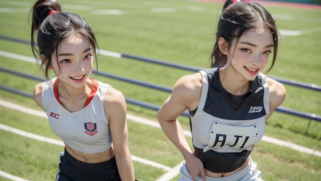 ((masterpiece, Best image quality, High resolution、alone、small 、Sleeveless track and field uniforms、Track and field athlete、High ponytail hairstyles、No good、Esbian all over、Laughter、smile、Shiny skin、Glowing Skin))、Sweaty face、Latina, Puberty, Sweaty、Red lipstick、Walk along the track of the athletic stadium、alone、On both hands and on the hips、I can see my belly button、((Thigh lift training))、((Run on the track))、(((Muscular body)))、((Sweaty uniform))、(((View the whole body)))