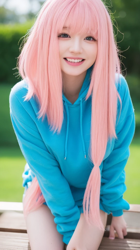 smile, ((Highest quality, Best image quality, Ultra-high resolution)), (Photorealistic), (Realistic), (Ultra-high resolution), Tabletop, Highest quality, Raw photo, Beautiful and fair、Glowing Skin, nice, bright, Refreshing and gentle look, (pink hair:1.4)), long hair, blue eyes, sitting on a bench, sheer hoody, Perfect beautiful face、bust C cup, Beautiful shiny bangs, A very beautiful 25 year old woman, eyeliner, Very perfect eyes