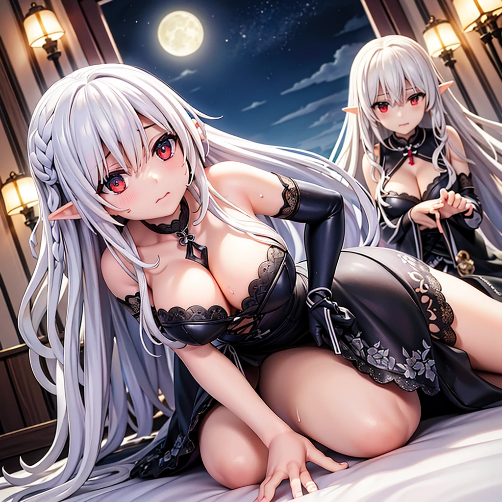 R18、Porn Image、adult、Sweaty、Asuna、STAR、Silver Hair、Red Eye、Elves、Semi-transparent black lace wedding dress、Troubled face、High angle、The focus is on the cleavage、Free Pose、Moonlit Night、Aphrodisiac poisoning