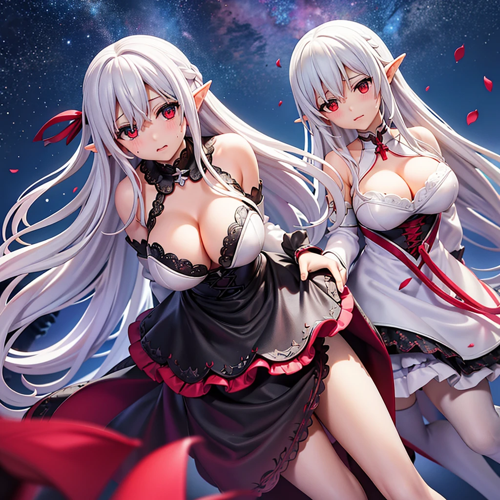 R18、Porn Image、adult、Sweaty、Asuna、STAR、Silver Hair、Red Eye、Elves、Semi-transparent black lace wedding dress、Troubled face、High angle、The focus is on the cleavage、Free Pose、Moonlit Night、Aphrodisiac poisoning