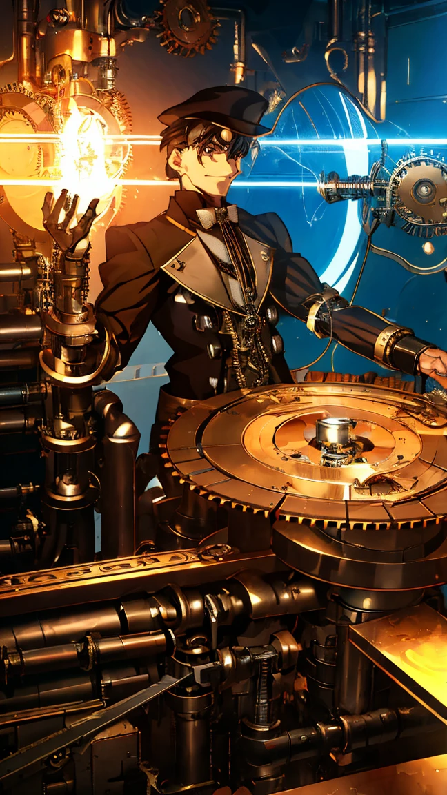 Nikola Tesla, Teslapunk, Steampunk, 1 man,extremely detailed body, wearing a steampunk style suit, mechanical gears, tesla coils, electricity sparks, gears and machinery, cogs, industrial, clockwork, brass, copper, steam, futuristic, cinematic lighting, dramatic shadows, hyper realistic, 8K, 4k, photorealistic, hyperdetailed, masterpiece