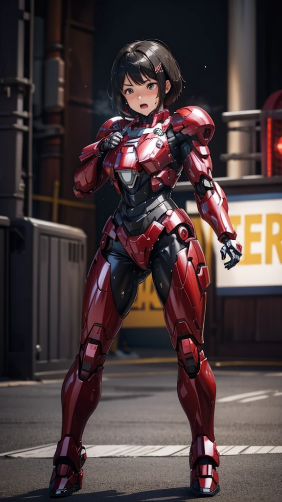 Female Iron Man(Red and Black)、shine、Shortcuts、Textured skin, Super detailed, Attention to detail, high quality, 最high quality, High resolution, 1080P, hard disk, beautiful,(Gundam),beautifulサイボーグ女性,Mecha Cyborg Girl,Battle Mode,Woman with a mechanical body,Full Body Shot、、Expression of bitterness、Sweaty face、、Squint your eyes、、humid、Soaking wet、、Steam coming out of the head、Spread your legs、Embarrassed face、Open your mouth、Hold your face Black-haired Short-haired Soaking wet Many people are wearing the same clothes