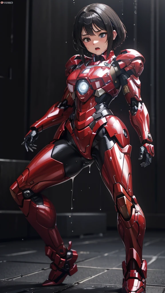 Female Iron Man(Red and Black)、shine、Shortcuts、Textured skin, Super detailed, Attention to detail, high quality, 最high quality, High resolution, 1080P, hard disk, beautiful,(Gundam),beautifulサイボーグ女性,Mecha Cyborg Girl,Battle Mode,Woman with a mechanical body,Full Body Shot、、Expression of bitterness、Sweaty face、、Squint your eyes、、humid、Soaking wet、、Steam coming out of the head、Spread your legs、Embarrassed face、Open your mouth、Hold your face Black-haired Short-haired Soaking wet Many people are wearing the same clothes