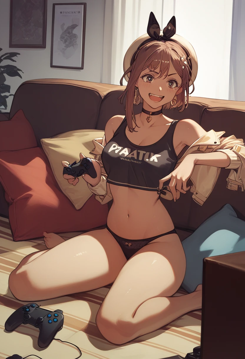 score_9, score_8_up, score_7_up, score_6_up, score_5_up, score_4_up
reisalin stout, choker, beret, crop top, black panties, fashion,
playing games, playstation controller, excited, sitting, couch, living room