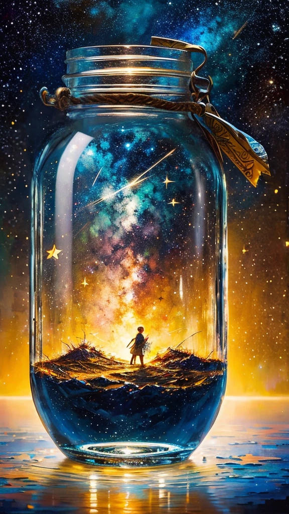 masterpiece、top-quality、(Very delicate and beautiful starry sky landscape trapped in a jar)、world masterpiece theater、high-resolutionisometric、top-quality、illustratio、Impasto、canvas、an oil painting、realism、realisitic