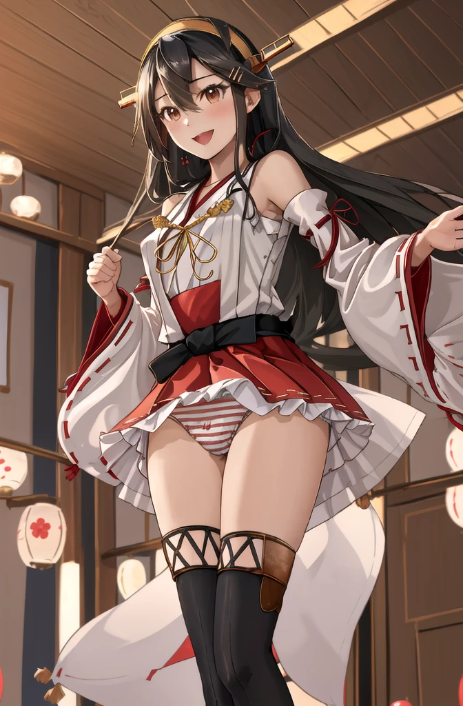 highest quality, masterpiece, High resolution, 一人w, {Aaron_Fleet Collection:1.15}, black_hair, length_hair, hair_ornament, hairband, Brown_eye, hairclip, Red noodles, smile, headgear, chest, Non-traditional_miko, hair_between_eye, One girl, wdependent_sleeve, Japanese_Clothes, Lookwg_w_Audience, red_skirt, ribbon-trimmed_sleeve, ribbon_trim, skirt, just_shoulder, Simple_background, white_background, Open_mouth, sarashi, wide_sleeve, (panties), (Good), (In underwear), (lwgerie), Office background, Living room background