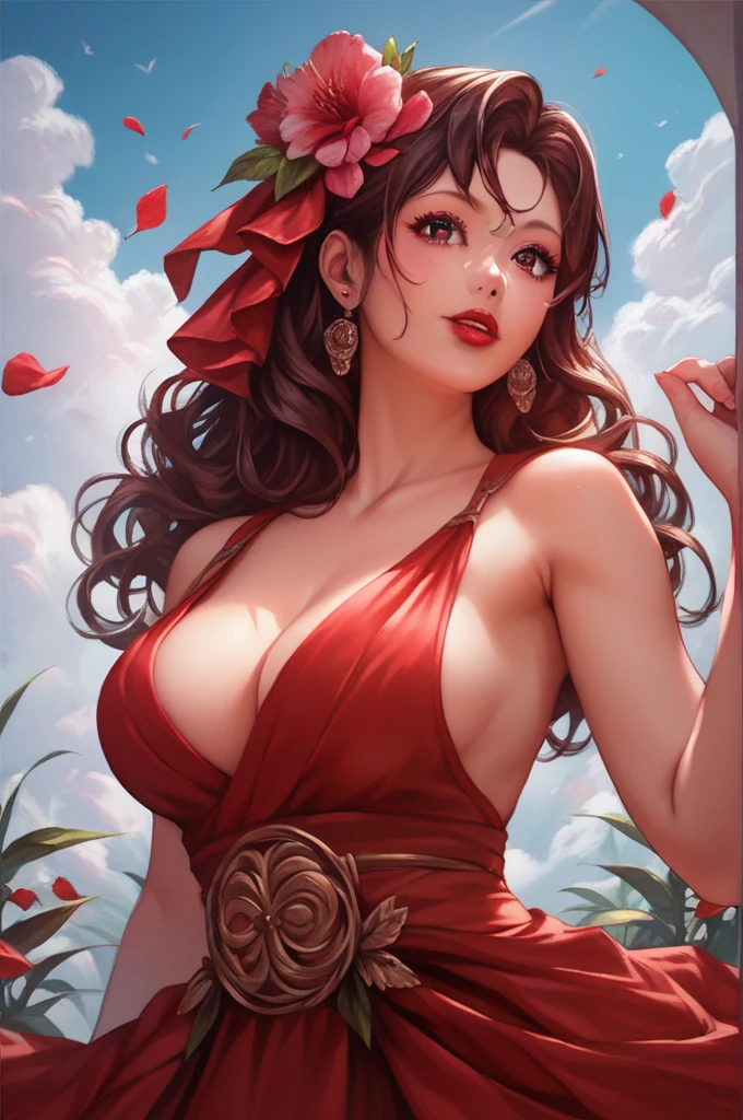 (masterpiece),(best quality:1.0), (ultra highres:1.0), detailed illustration, 8k, anime, 1girl, beautiful girl, in a sari, wearing a red sari, pretty pose, pretty face, detailed face, beautiful eyes, dark red eyes, detailed eyes, red lips, red lipstick, slightly brown hair, wear big black ful size bra, pink flower on ear, highlights in hair, standing, red flowers on a tree in the back, open sky with clouds, detailed, intricate, anime style, highly detailed