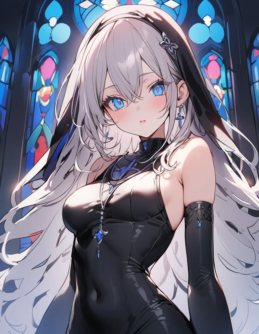 ((masterpiece,High resolution,Highest quality,8K,Detailed faces and anatomy))
(18-year-old female,Slender figure,medium breasts)
(Shining silver hair,semi-long,hairs between eyes,Messy Hair)
(beautiful blue skin,Beautiful blue eyes,Glowing Eyes,Big Eyes,Long eyelashes)
church,Stained glass
(nun,Monastic Clothes)