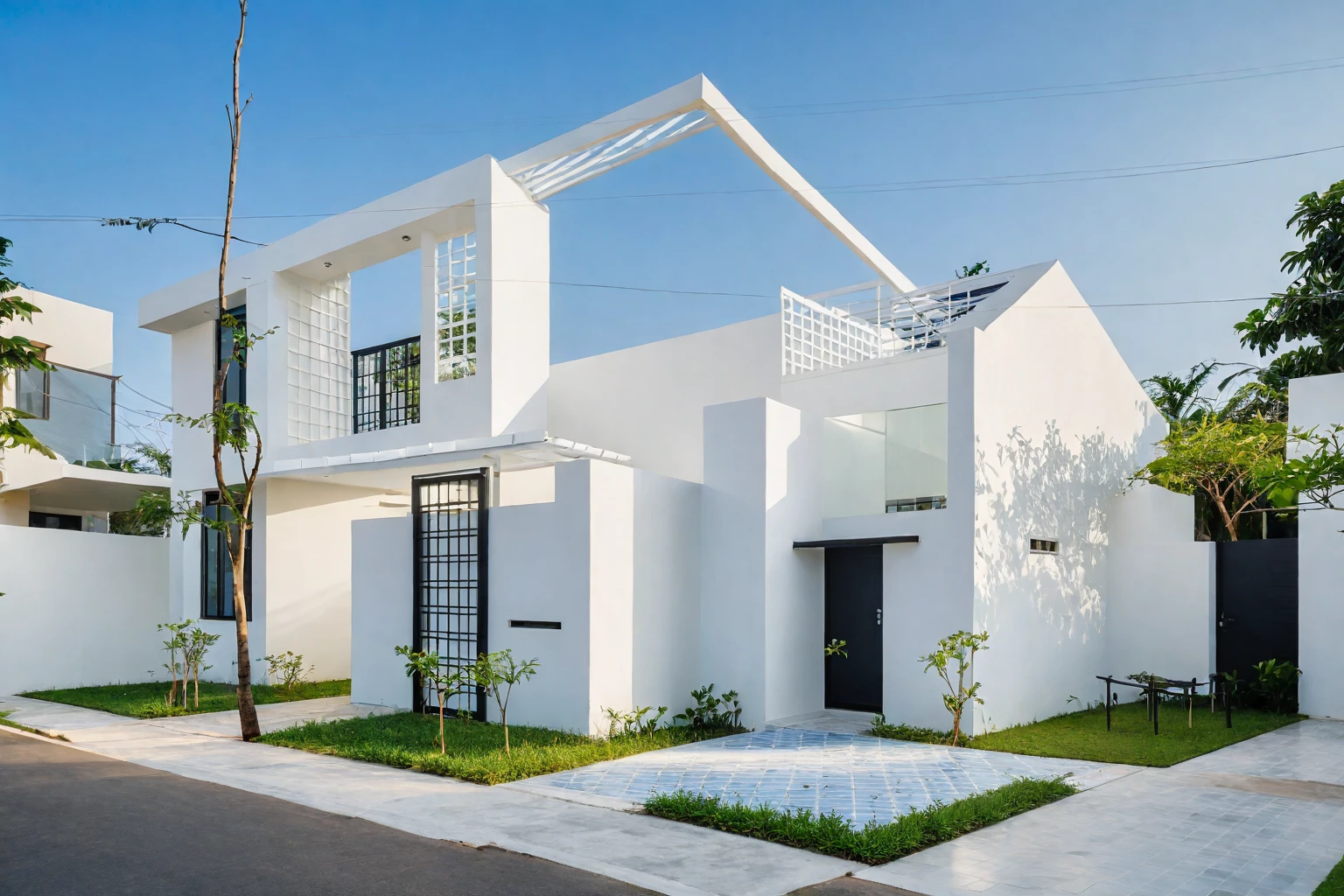 RAW photo , A white minimalism woodandwhite modern house with a double story and simple architecture, surrounded by trees in the yard of Vietnam, featuring a black metal gate and fence, landscape design, natural light, clear sky, blue background, high resolution photography, architectural photography, architectural appearance. The building has square windows made from white ceramic tiles, while the walls feature grid designs, There is also an entrance to another home nearby in the style of architectural photography, road, sidewalk, sidewalk trees, 8k uhd, dslr, soft lighting, high quality, film grain, Fujifilm XT3
