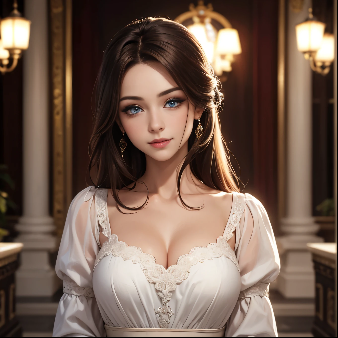 A girl with brown hair and blue eyes, wearing a white dress with no neckline with long sleeves, With a gentle smile, in a palace environment. (age eight:1.8) [swirly vibrant colors] [oil painting] [detailed back ground] [soft lighting] [high resolution] [elegant atmosphere] [beautifully detailed eyes] [beautifully detailed lips] [long eyelashes]