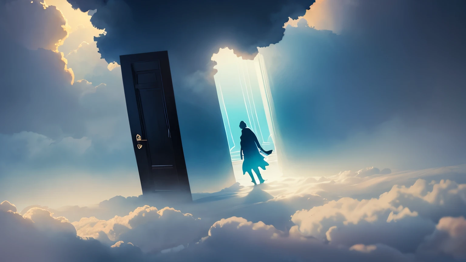 Surreal dreamscape, multiple floating doors in clouds, silhouette of a person reaching out, warm light emanating from one door, ethereal atmosphere, soft focus, watercolor style"