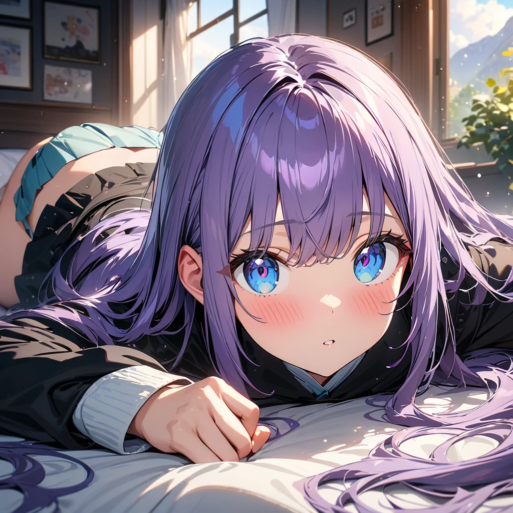 (masterpiece:1.5), highest quality, super detailed, very detailed, exquisite, 16k, full HD, very aesthetic, absurdres, 1girl, purple hair, long hair, anime, looking at viewer, lying down, , skirt, blue eyes, blush, indoors, detailed background