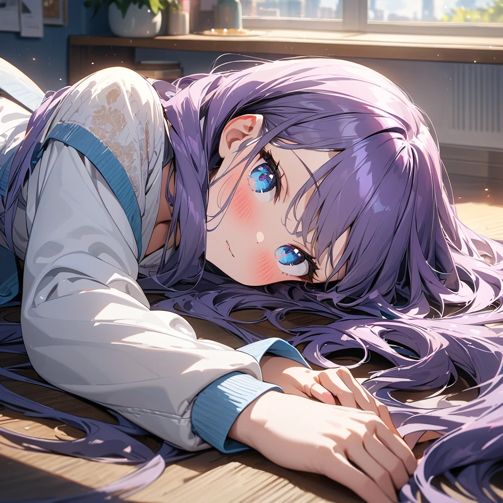 (masterpiece:1.5), highest quality, super detailed, very detailed, exquisite, 16k, full HD, very aesthetic, absurdres, 1girl, purple hair, long hair, anime, looking at viewer, lying down, , skirt, blue eyes, blush, indoors, detailed background