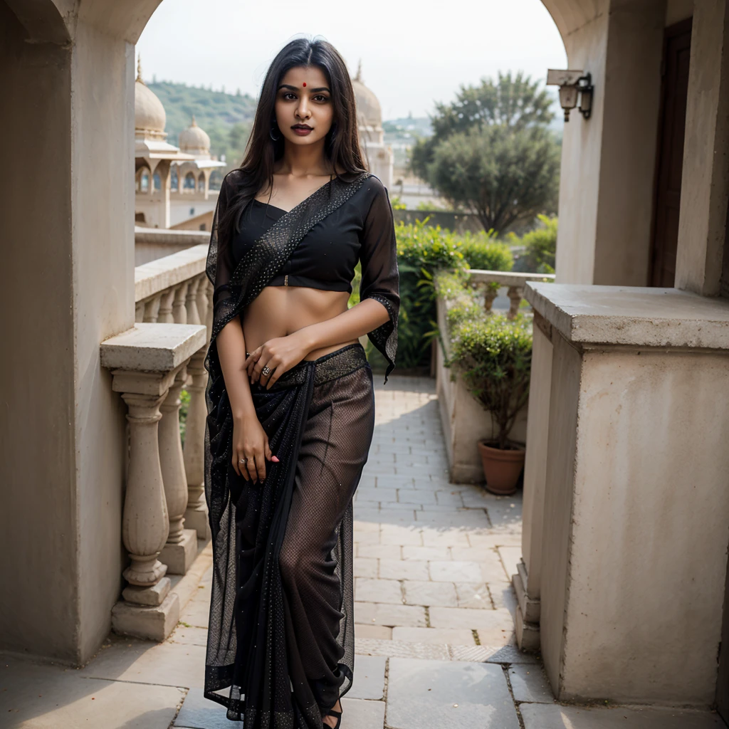 A Solo Beautiful Mature Hot Indian Bhabhi Women wearing Black  Sarees ,Black Lipstick . Huge and Big .( Standing ).( Outside Views ).