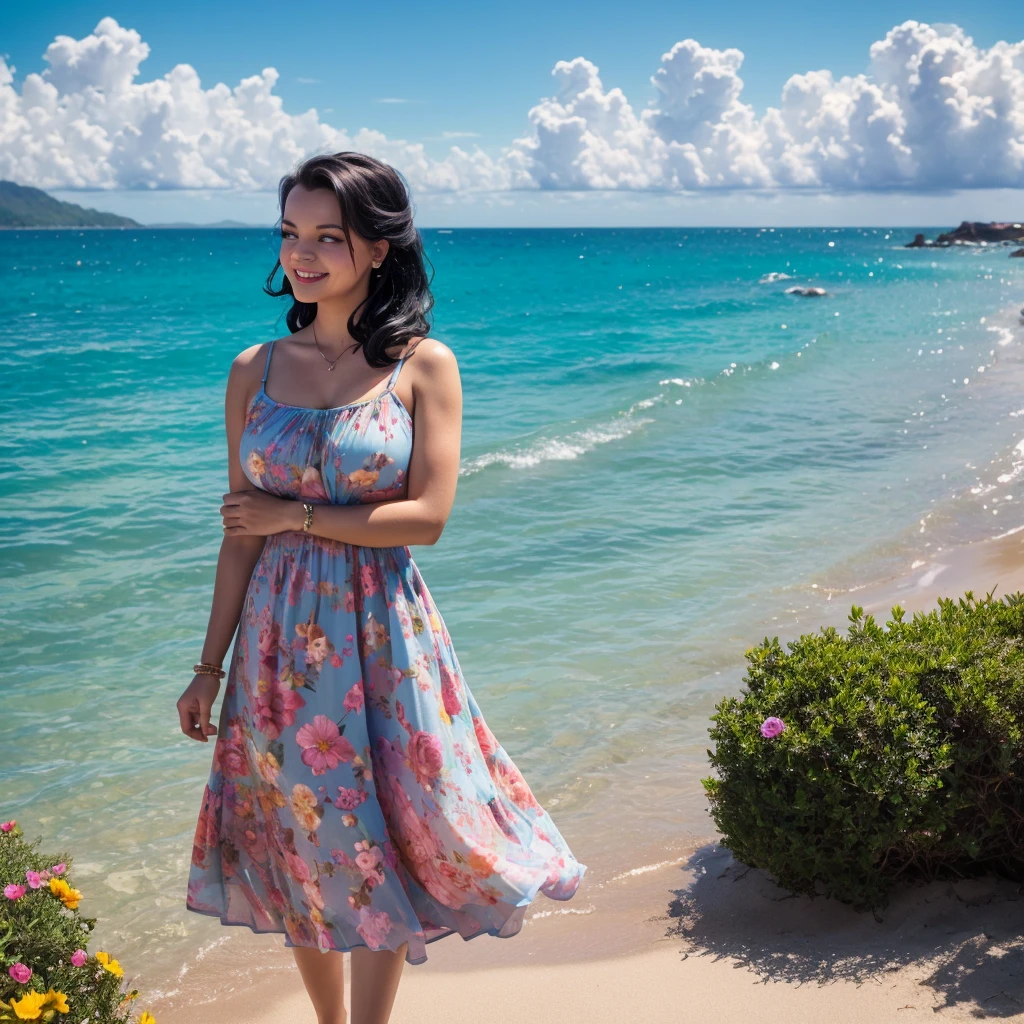 Vintage Photo colours, Masterpiece, judy garland, high resolution, Swimsuit, 1 girl, dress, casual dress, cloud, Blue_sky, ocean, sky, winner, black_hair, day, long_Hair, bracelet, wandering, large breast, jewelry, SMILE, looking_in_viewer, blushing, outdoor, Hair_flower, wet, cloudy_sky, flower, shine, Masterpiece, Best Quality, Floating,(high saturation),(colorful splashes),colorful bubble, (shining), best lighting, best shadow,