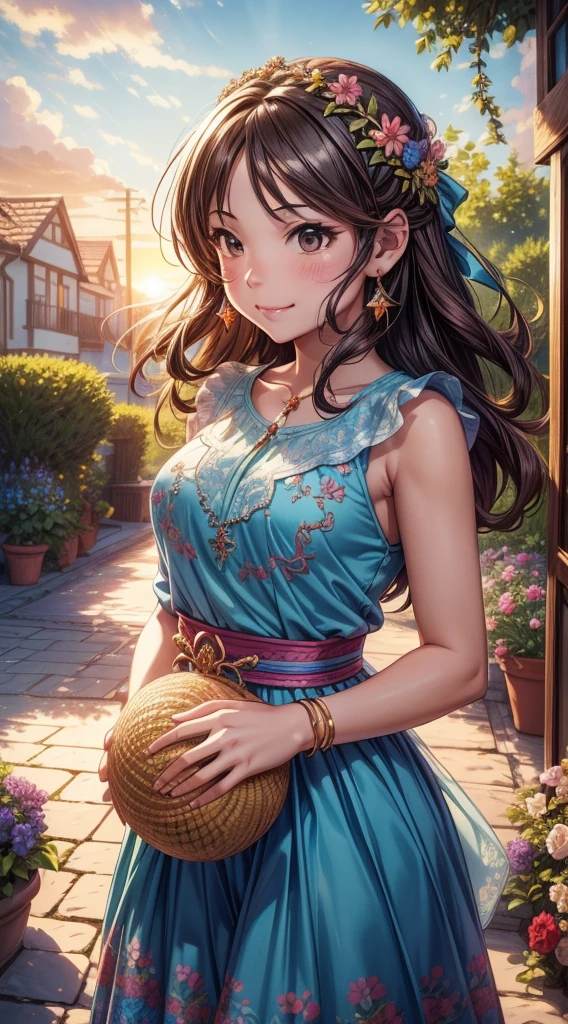 (high quality:1.2),(Very detailed,Realistic:1.37),Kirby Balloon,artwork,shape,Beautiful details, Vibrant colors,Long Hair Girl,Smiling Girl,Artistic landscape,Green Garden,Thick Clouds,blue sky,Blooming Flowers,Soft sunLight,Light,Fluffy Clouds,Bright colors,Fun atmosphere,Whimsical art style,Striking details,Serene landscape,Quiet environment,Creative masterpiece,professional artwork,Sunset Lighting,An uplifting atmosphere,Summer theme,Vibrant color palette,The composition of beauty,Airy feeling,Graceful beauty,Calm and relaxed atmosphere,A perfect harmony between nature and art,Detailed brushwork,eye-catching artwork,Unleash your imagination,Stunning visual impact.