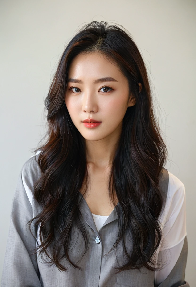 Best Quality, 8k, Masterpiece, (Portrait: 1.3), (photo realistic:1.4), (hyper realistic:1.4), Sharp Focus, looking at viewer, (smoother lighting:1.1), (increase cinematic lighting quality:0.9), realistic lighting, backlighting, light on face, ray trace, (brightening light:1.2), (Increase quality:1.4), sharp detail, (best quality real texture skin:1.4), finely detailed eyes, black_eyes, finely detailed face, 25 year old Korean woman, (white formal_shirt:1.4), (Create an image maintaining the original base model hairstyle:1.5)