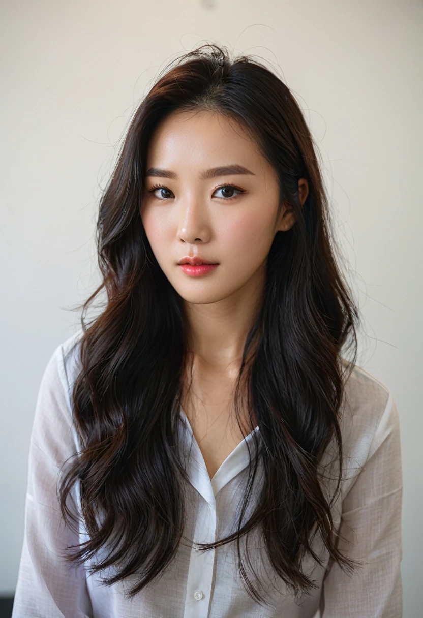 Best Quality, 8k, Masterpiece, (Portrait: 1.3), (photo realistic:1.4), (hyper realistic:1.4), Sharp Focus, looking at viewer, (smoother lighting:1.1), (increase cinematic lighting quality:0.9), realistic lighting, backlighting, light on face, ray trace, (brightening light:1.2), (Increase quality:1.4), sharp detail, (best quality real texture skin:1.4), finely detailed eyes, black_eyes, finely detailed face, 25 year old Korean woman, (white formal_shirt:1.4), (Create an image maintaining the original base model hairstyle:1.5)