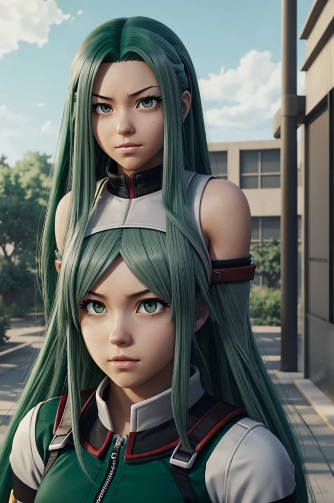 Screenshot of my hero academia.
Girl with long green hair and has gray eyes, and has an expression would, It has the men's UA uniform and in the background it has the sporting event