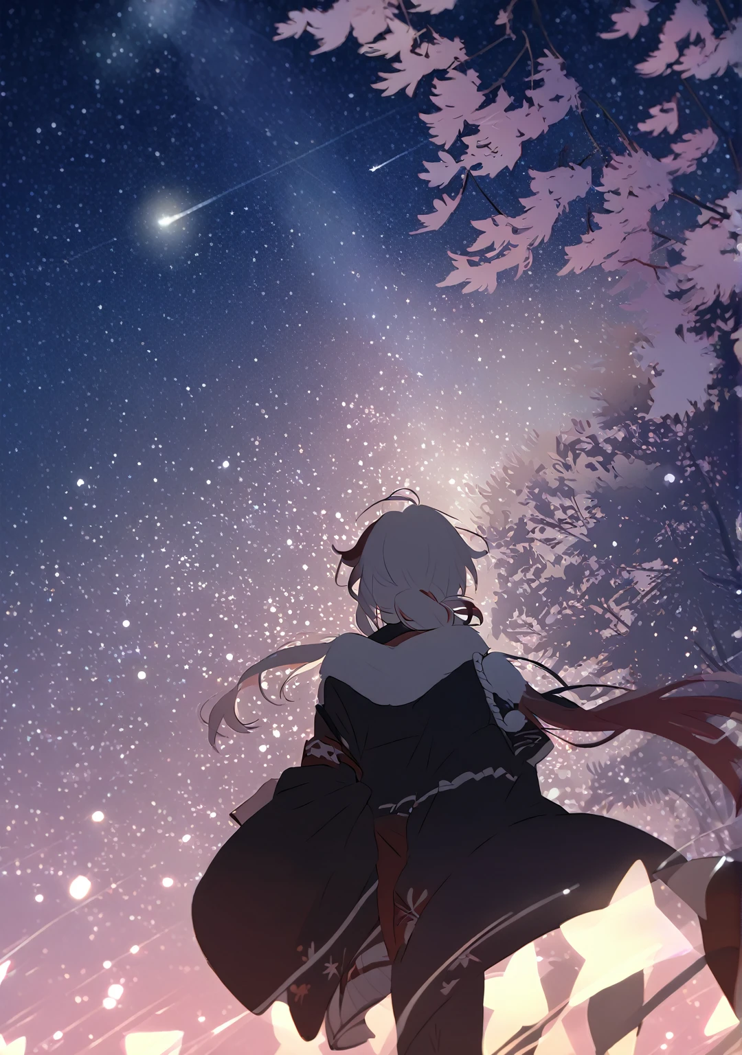 Man and woman couple, walking under the stars, at night, very close, Columbina, Kaedehara Kazuha,