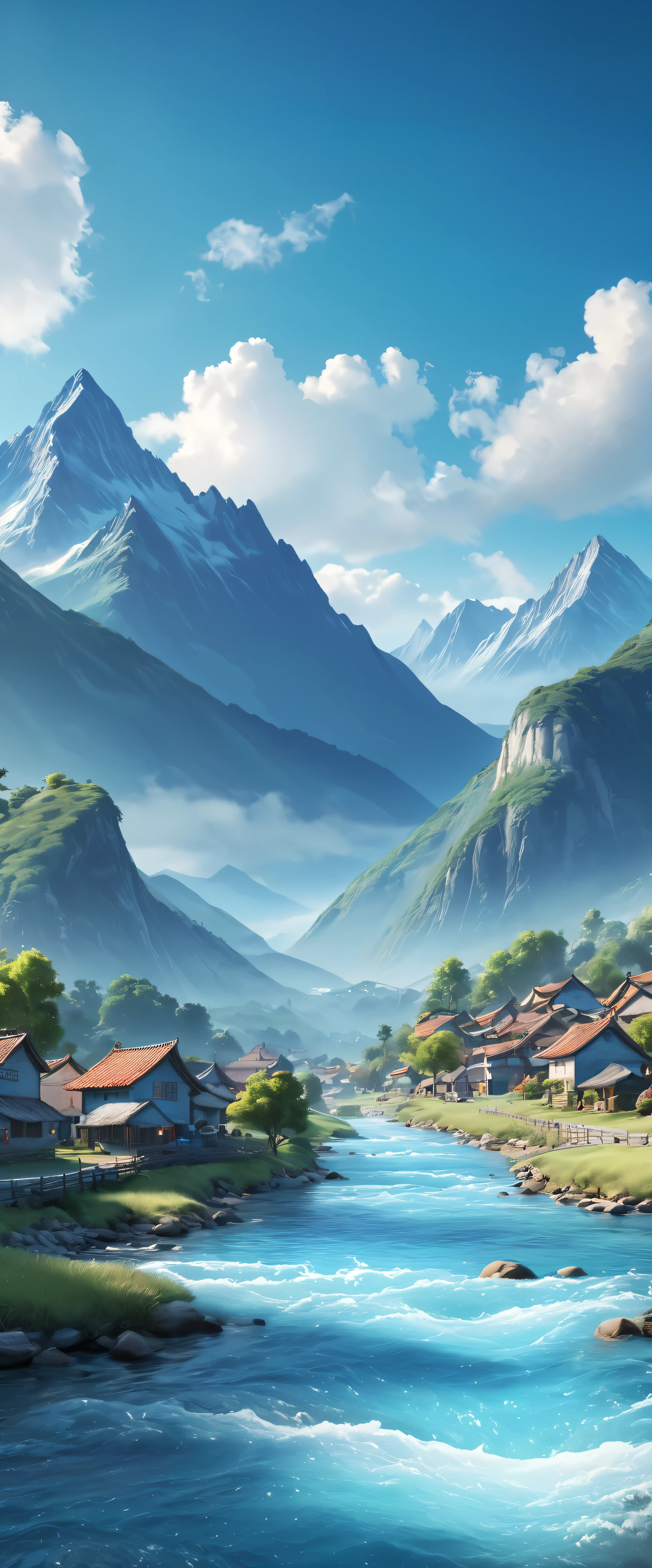 (Magical pretty sky blue stream overlay scene)、(zero)、(cloud)、Soft lighting、Clean background、美しいzeroの風景、masterpiece、high quality、Beautiful graphics、Rugged Mountain々A small fishing village can be seen at a low angle below.、artstation、Sharp Focus、Inspirational 8k wallpapers、Contrast of sea and mountains。A magnificent and mysterious view from above