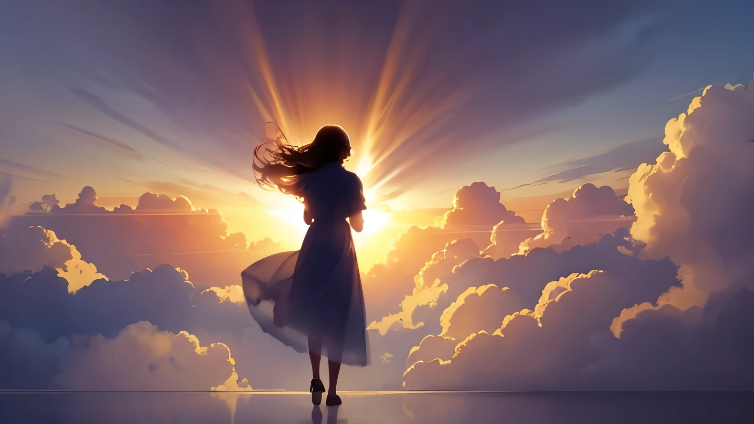 Surreal dreamscape, multiple floating doors in clouds, silhouette of a person reaching out, warm light emanating from one door, ethereal atmosphere, soft focus, watercolor style"