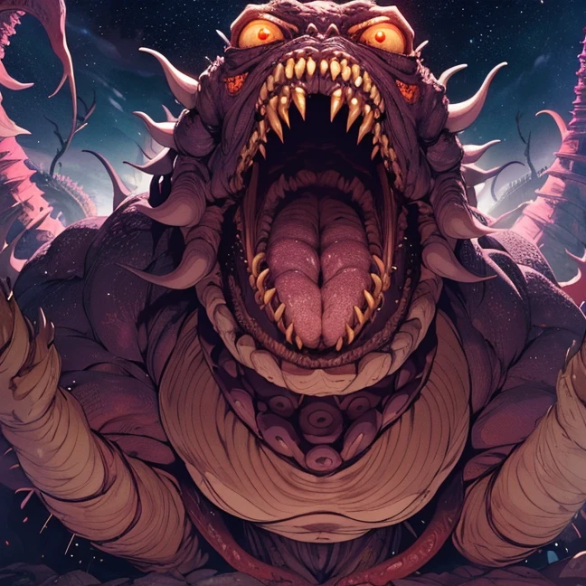 (Best high quality image, very detailed image textures and pixels, carefully detailed, junji ito aesthetic)
{{(1monster: red monster evil god): (obese eldritch appearance, multiple mouths full of teeth, multiple muscular tentacles full of multiple fat tendrills with golden claws, multiple mouths with purple tongues, pink tentacles, tendrills in every side of the body, growling, laughing), (deep space realm))}}
